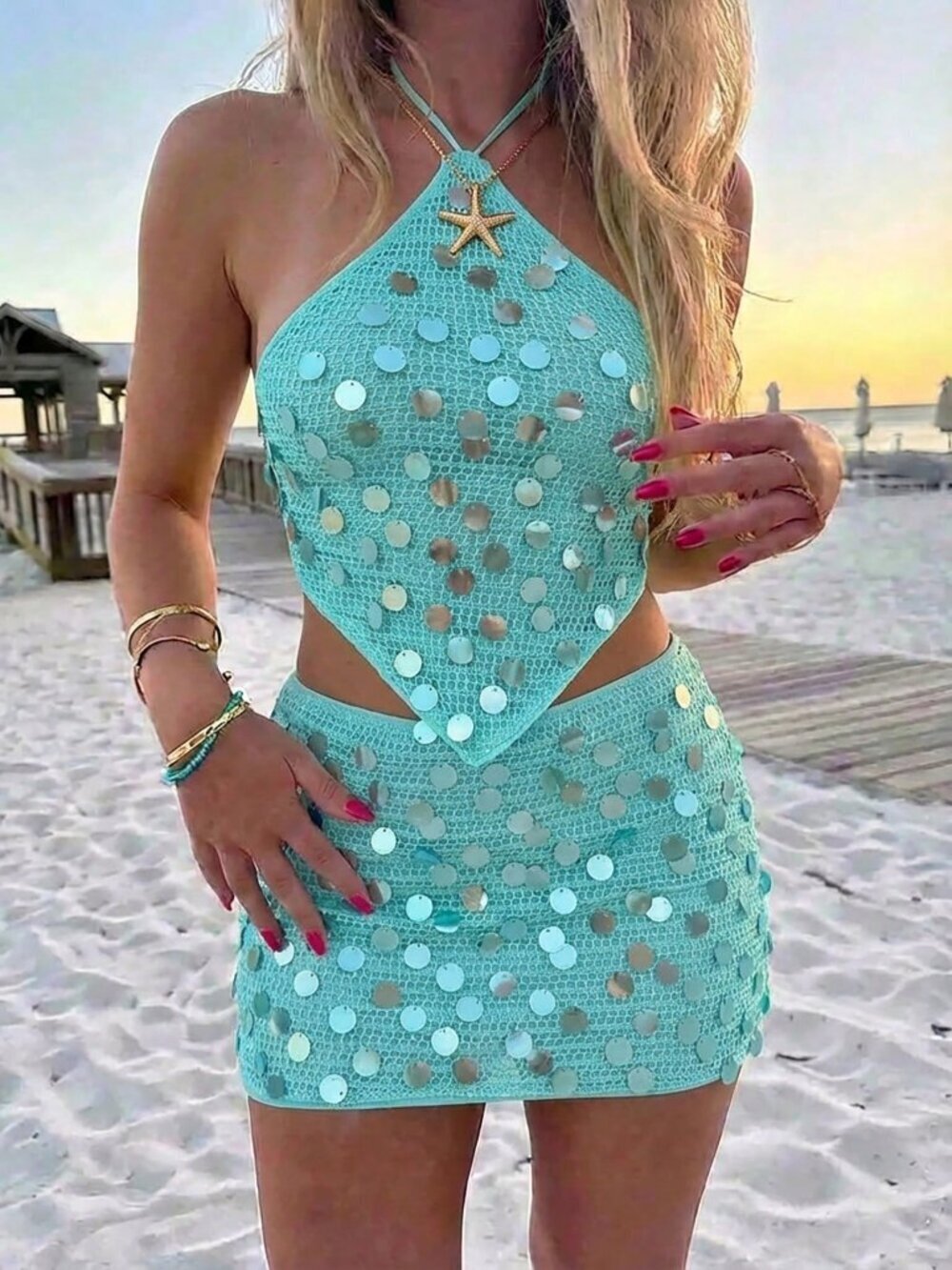Blue Party Beaded Women's Backless Halter Top & Mini Skirt Set Beach Vacation